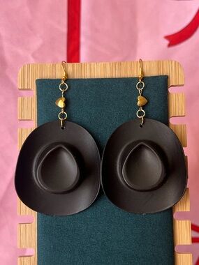 Black Cowboy Hat Drop Earrings with Gold Heart Accents
